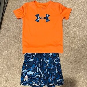 Under Armour Vibrant Orange Tee and Blue Camo Shorts